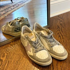 Golden Goose Ballstar Gray and White Sneakers with Purple & Silver Accents